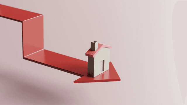 3D illustration of a house model on a downward arrow against a pink background