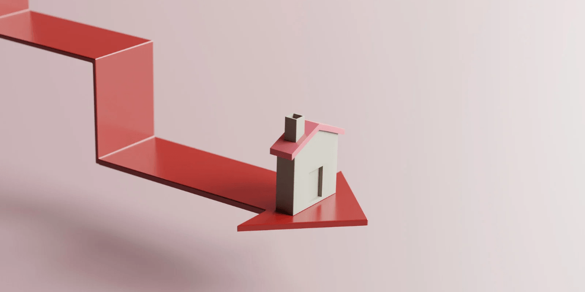 3D illustration of a house model on a downward arrow against a pink background