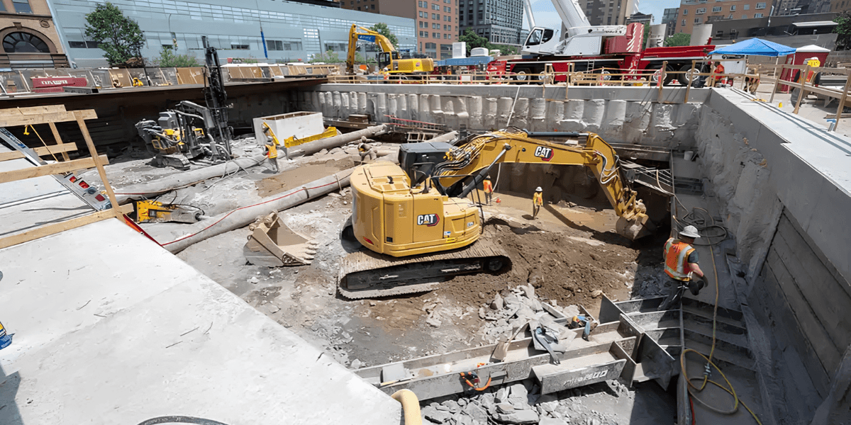 Construction site with excavators, workers, and machinery in a large excavation area