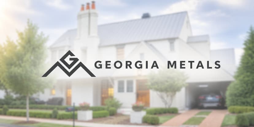 Georgia Metals logo displayed over a modern home featuring a light-colored metal roof.