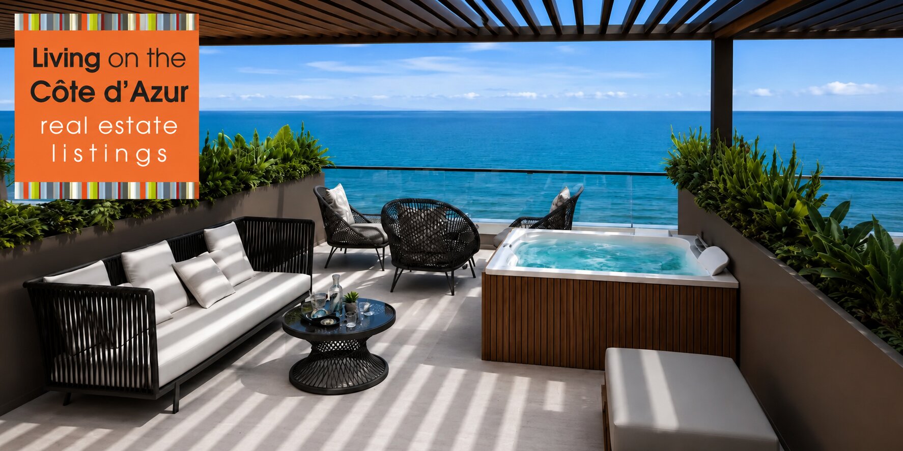 Oceanfront terrace with hot tub overlooking the Mediterranean, showcasing luxury lifestyle and Côte d'Azur-inspired property living.
