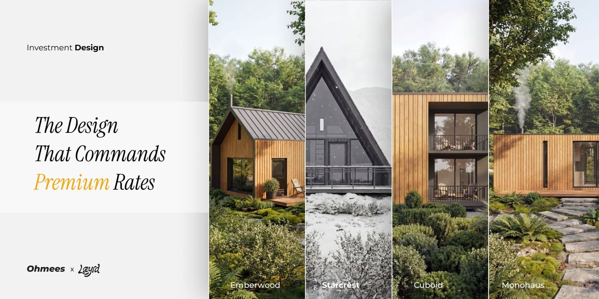 Modern cabin designs showcasing luxury short-term rental homes in forest settings with premium architectural styles.