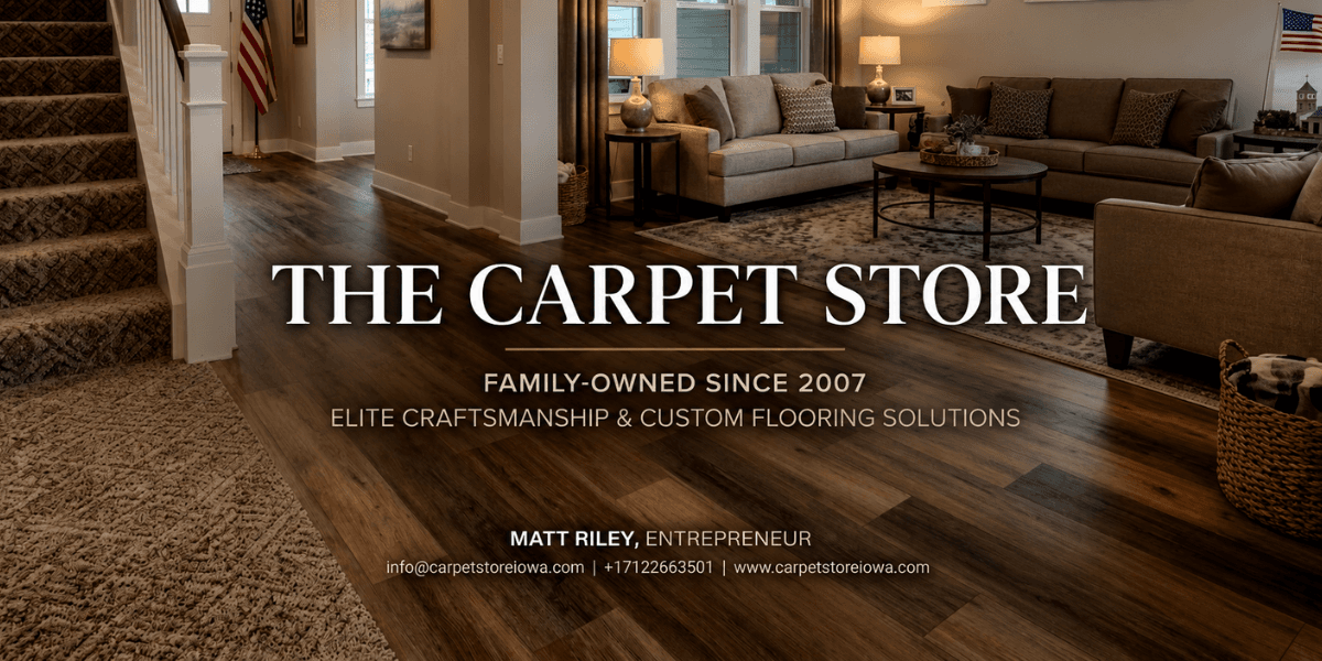 Family-owned Iowa flooring showroom featuring custom carpet, hardwood, and luxury vinyl installation services.