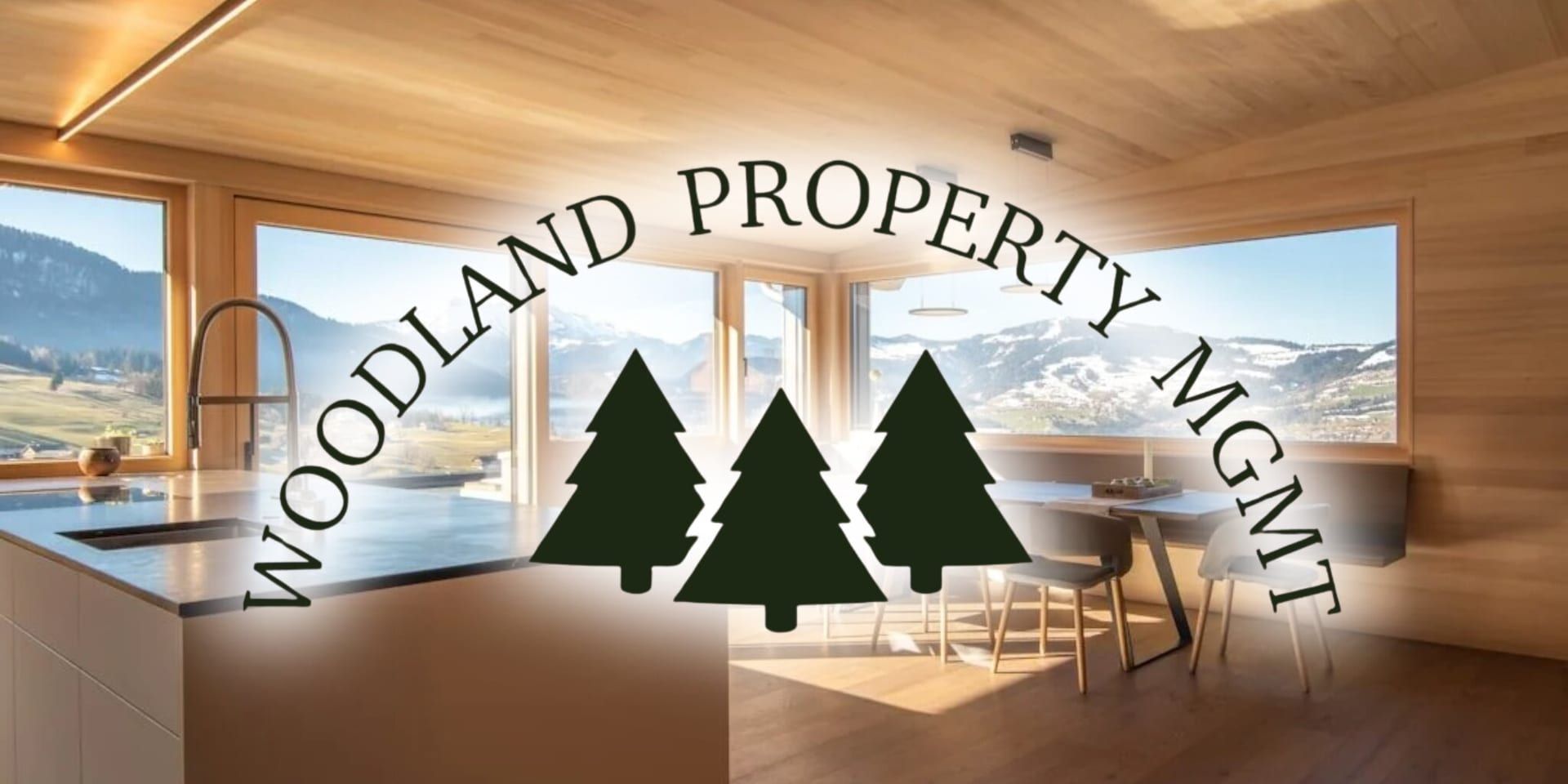 Woodland Property Mgmt logo over modern mountain-view interior.