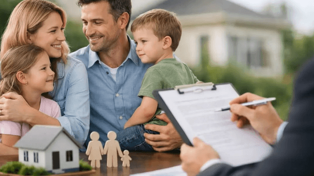 Family meets with a professional beside a model house and wooden figures representing a household.