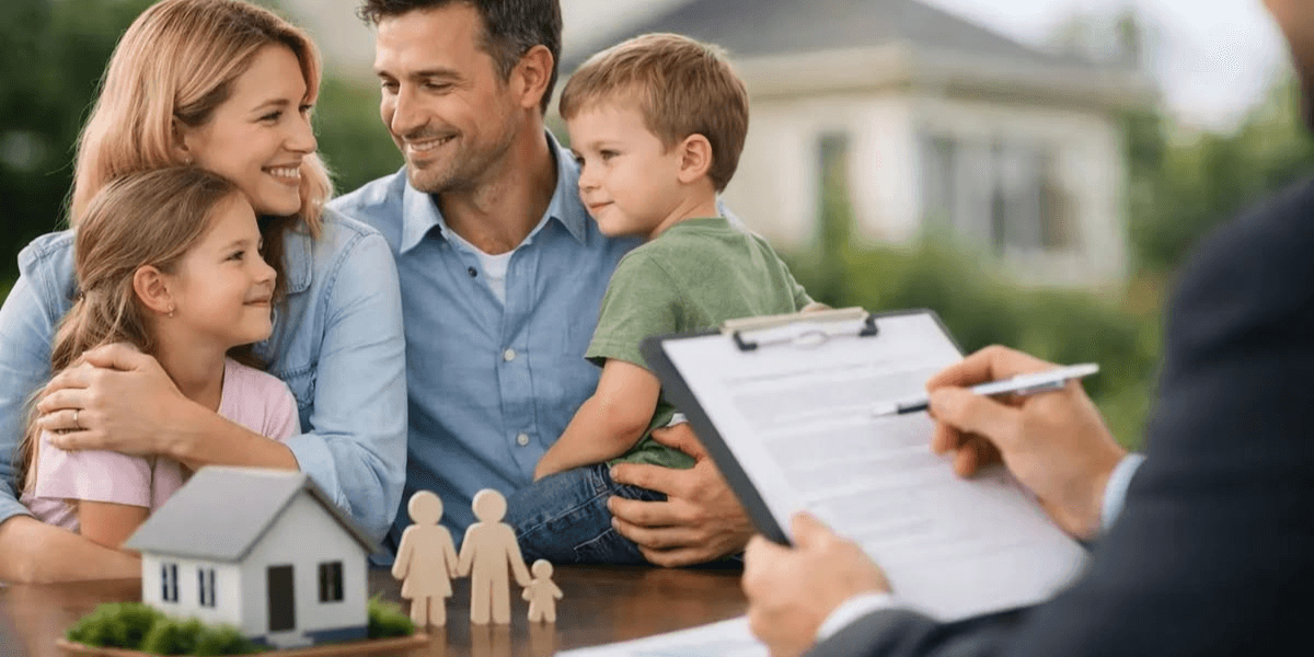 Family meets with a professional beside a model house and wooden figures representing a household.