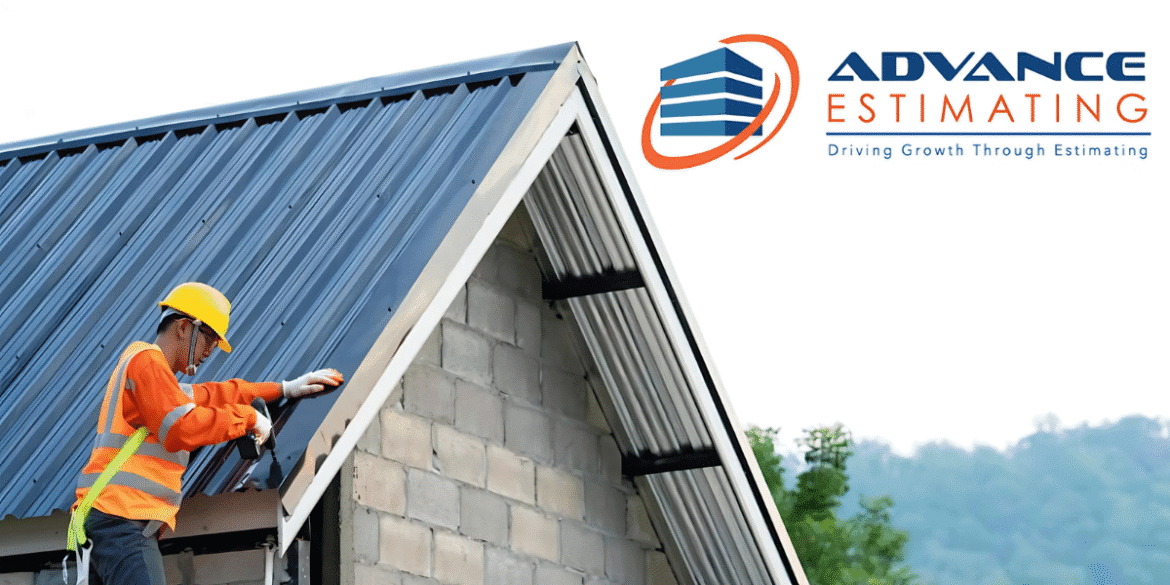 A worker in safety gear and a yellow helmet is installing roofing on a building under construction. The Advance Estimating logo is in the top right corner with the tagline 'Driving Growth Through Estimating. A worker in safety gear and a yellow helmet is installing roofing on a building under construction. The Advance Estimating logo is in the top right corner with the tagline 'Driving Growth Through Estimating.