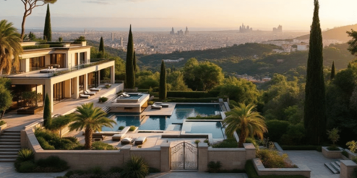 A luxurious villa with multiple pools, palm trees, and a panoramic view of the city and mountains at sunset.