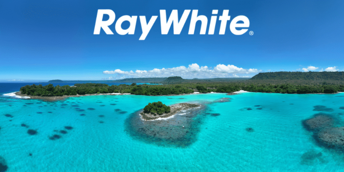 The image features a stunning Vanuatu beachfront with Ray White's branding, symbolizing luxury real estate and exclusive island living.