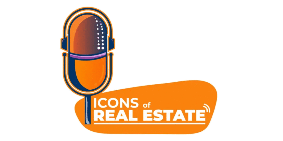 ICONS of Real Estate logo featuring a microphone and vibrant colors, symbolizing real estate branding through podcasting.