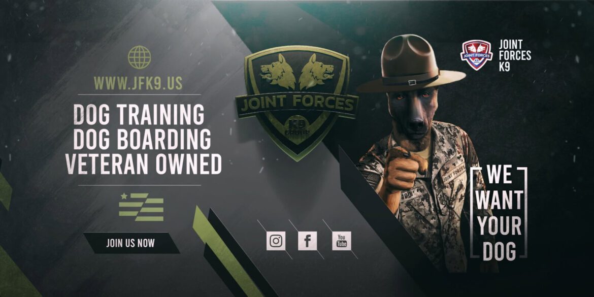 Joint Forces K9 logo promoting dog training, boarding, and veteran-owned services, emphasizing personalized care and expert training.