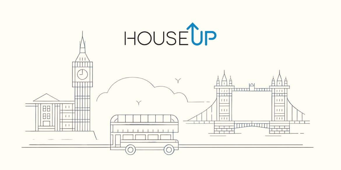 a minimalistic line drawing of iconic London landmarks, including Big Ben, Tower Bridge, and a double-decker bus.