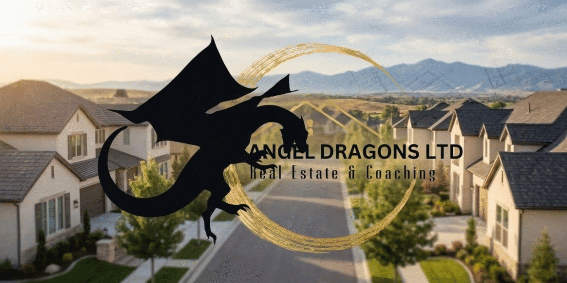 Suburban neighborhood with houses and Angel Dragons Ltd logo overlay representing real estate services.
