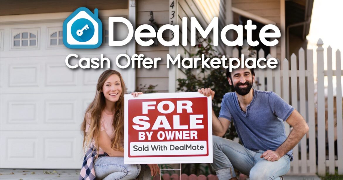A smiling couple kneels holding a "For Sale By Owner" sign in front of a house with a white garage door. Text overlay: "DealMate Cash Offer Marketplace."