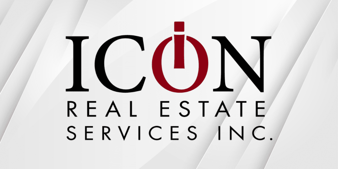 ICON Real Estate Services logo on a gray geometric background with a red power-button icon replacing the letter O.