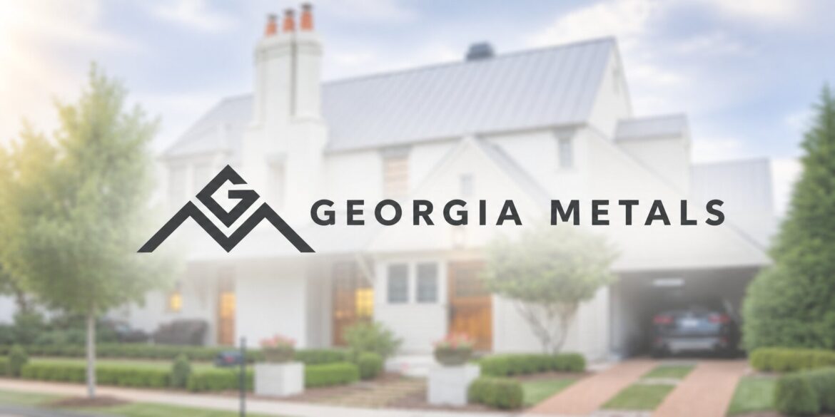 Georgia Metals logo displayed over a modern home featuring a light-colored metal roof.