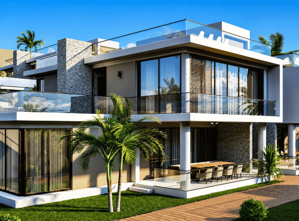 Modern luxury villa with glass balconies, stone accents, palm trees, and landscaped gardens.